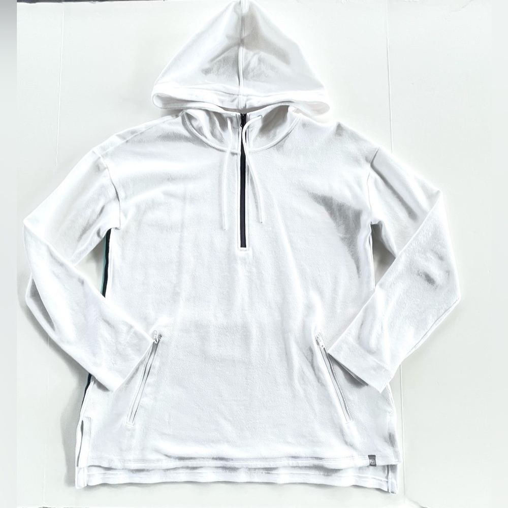 T by Talbots White Hoodie Sweatshirt w/Navy & Green Side Stripe Accent - Sz S